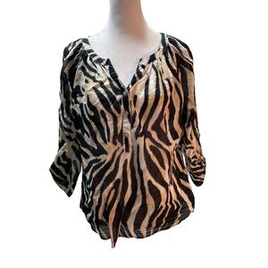 Westbound Black Tan White Animal Print 3/4 Cuff/Button Sleeve Blouse**Flaw** PM
